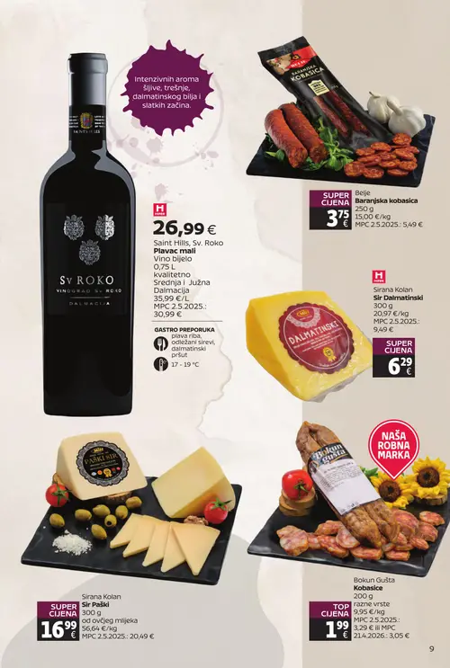 Tommy katalog — stranica 9: Saint Hills, Sv. Roko Plavac mali Vino bijelo, Bokun Gušta Kobasice, Sirana Kolan Sir Paški, Sirana Kolan Sir Dalmatinski (vrijedi 20. 07. 2026.–09. 08. 2026.)