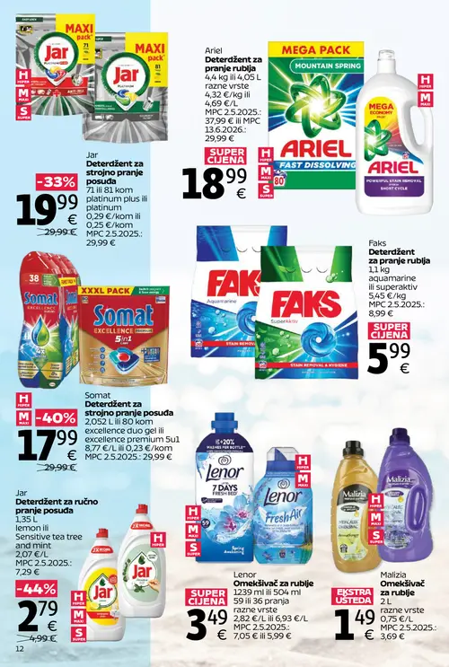 Tommy katalog — stranica 12: Jar Jar Deterdžent za ručno pranje posuđa lemon ili sensitive tea tree and mint, Somat Somat Deterdžent za strojno pranje posuđa excellence duo gel ili excellence premium 5u1, Jar Jar Deterdžent za strojno pranje posuđa Platinum Plus ili Platinum, Ariel Ariel Deterdžent za pranje rublja (vrijedi 06. 07. 2026.–31. 07. 2026.)