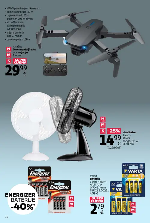 Tommy katalog — stranica 16: Ventilator stolni, Igračka Dron na daljinsko upravljanje, Energizer Baterije AA ili AAA, Varta Baterije AA (vrijedi 06. 07. 2026.–31. 07. 2026.)