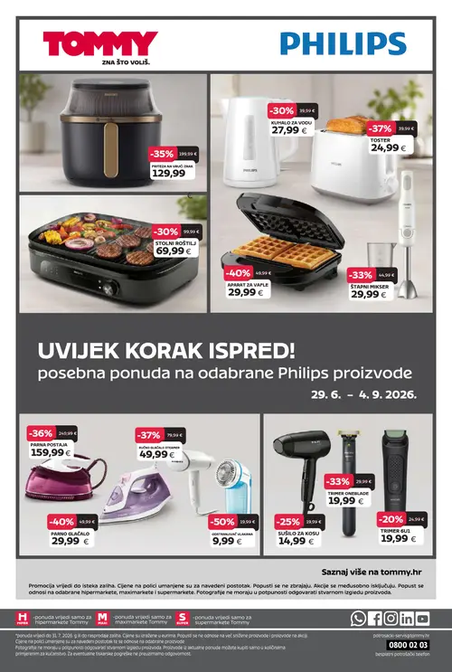 Tommy katalog — stranica 18: ODSTRANJIVAČ VLAKANA, APARAT ZA VAFLE, PHILIPS TOSTER, PHILIPS RUČNO GLAČALO STEAMER (vrijedi 06. 07. 2026.–31. 07. 2026.)