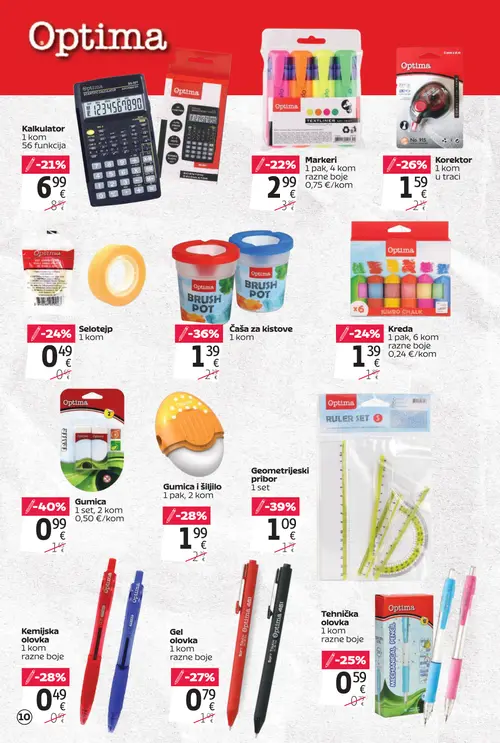 Tommy katalog — stranica 10: Optima Gumica, Optima Geometrijski pribor, Optima Čaša za kistove, Optima Kemijska olovka (vrijedi 20. 08. 2026.–13. 09. 2026.)
