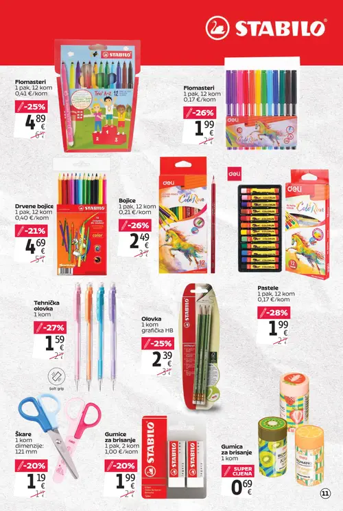 Tommy katalog — stranica 11: deli Pastete 1 pak, 12 kom, Tehnička olovka 1 kom, deli Bojice 1 pak, 12 kom, deli Flomasteri 1 pak, 12 kom (vrijedi 20. 08. 2026.–13. 09. 2026.)
