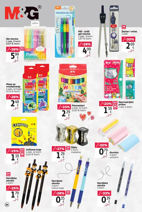 Tommy katalog — stranica 14: M&G Kemijska olovka, M&G Gel olovka, M&G Masa za modeliranje, M&G Kemijska olovka razne boje (vrijedi 20. 08. 2026.–13. 09. 2026.)