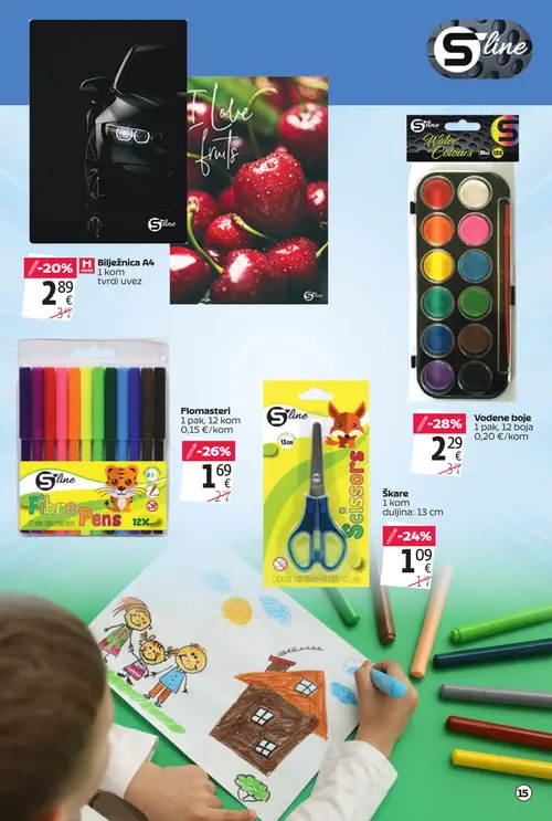 Tommy katalog — stranica 15: Sline Vodene boje, Sline Fliplomasteri, Škare, Hiper Bilježnica A4 (vrijedi 20. 08. 2026.–13. 09. 2026.)