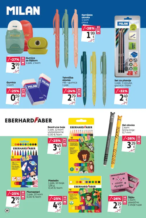 Tommy katalog — stranica 16: MILAN Set za pisanje, Kemijska olovka, MILAN Gumica sa šiljilom, EBERHARD FABER Šiljilo (vrijedi 20. 08. 2026.–13. 09. 2026.)