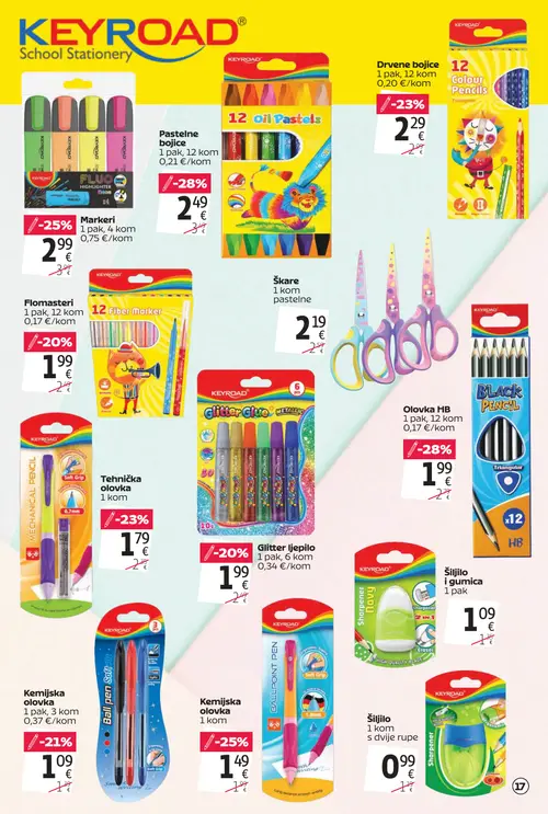 Tommy katalog — stranica 17: Olovka HB, KEYROAD Pastelne bojice, KEYROAD Markeri, Kemijska olovka (vrijedi 20. 08. 2026.–13. 09. 2026.)