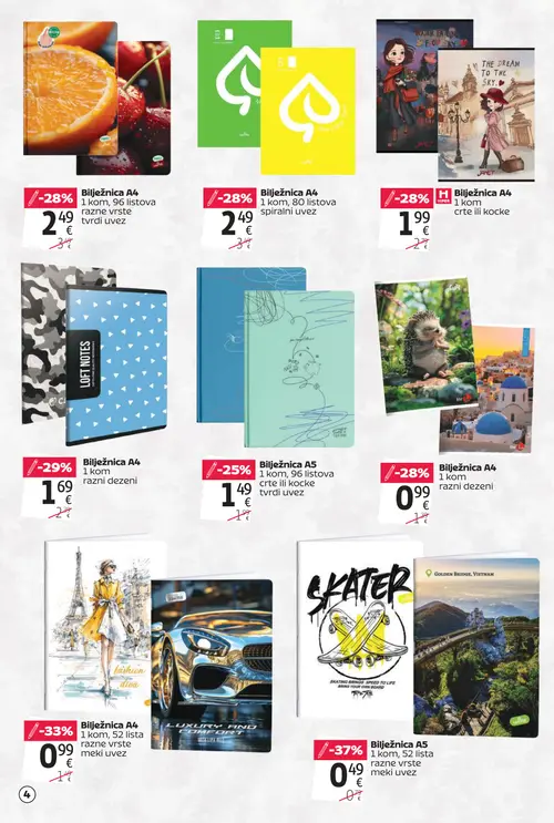 Tommy katalog — stranica 4: Bilježnica A5, Bilježnica A4, Bilježnica A4, Bilježnica A4 (vrijedi 20. 08. 2026.–13. 09. 2026.)