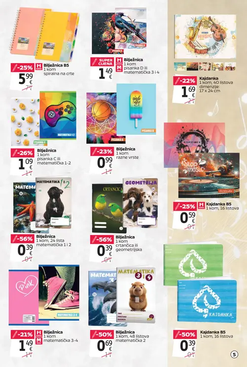 Tommy katalog — stranica 5: Bilježnica 1 kom, 24 lista matematička 1 i 2, Bilježnica 1 kom crtančica ili geometrijska, Kajdanka B5 1 kom, 16 listova, Bilježnica 1 kom, 48 listova matematička 2 (vrijedi 20. 08. 2026.–13. 09. 2026.)