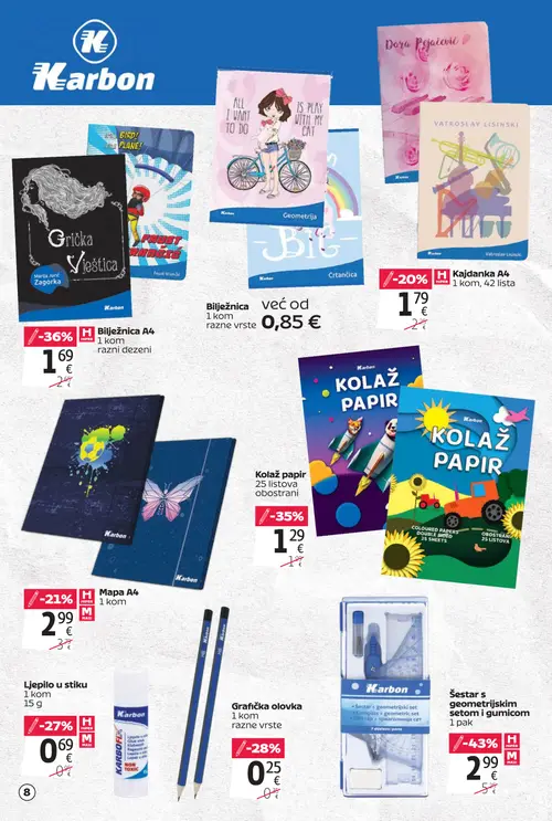 Tommy katalog — stranica 8: Karbon Šestar s geometrijskim setom i gumicom, Karbon Bilježnica A4, Kolaž papir 25 listova obostrani, Grafička olovka razne vrste (vrijedi 20. 08. 2026.–13. 09. 2026.)