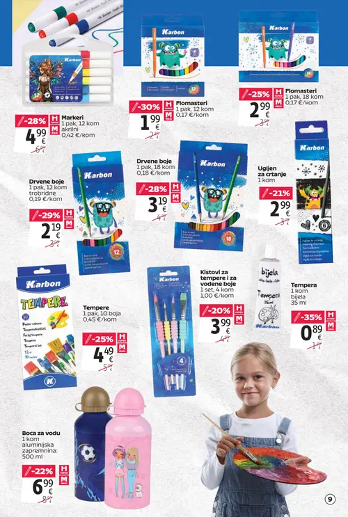 Tommy katalog — stranica 9: Karbon Tempera bijela, Karbon Drvene boje, Karbon Drvene boje, Karbon Markeri akrilni (vrijedi 20. 08. 2026.–13. 09. 2026.)