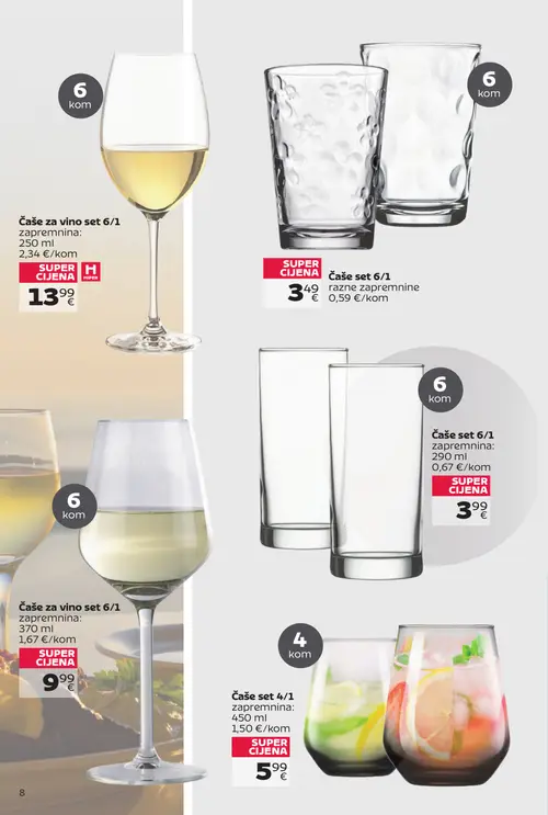 Tommy katalog — stranica 8: Čaše za vino set 6/1, Čaše set 4/1, Čaše za vino set 6/1, Čaše set 6/1 (vrijedi 14. 09. 2026.–27. 09. 2026.)