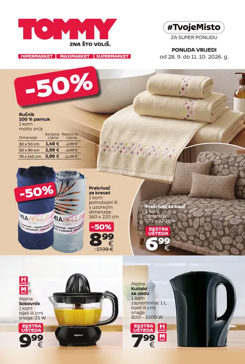 Tommy katalog — stranica 1: Ručnik 30 x 50 cm, Ručnik 50 x 90 cm, Ručnik 70 x 140 cm, MIABELLA Prekrivač jednobojni ili s uzorkom 160 x 220 cm (vrijedi 28. 09. 2026.–11. 10. 2026.)