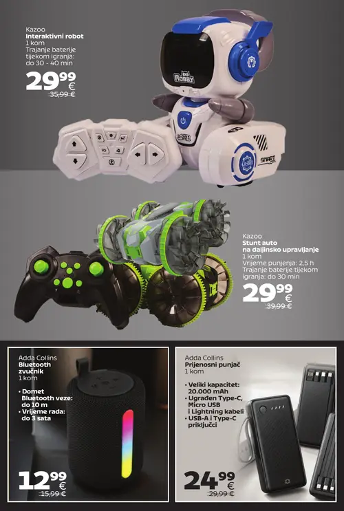 Tommy katalog — stranica 11: Kazoo Stunt auto na daljinsko upravljanje, Adda Collins Bluetooth zvučnik, Adda Collins Prijenosni punjač, Kazoo Interaktivni robot (vrijedi 28. 09. 2026.–11. 10. 2026.)