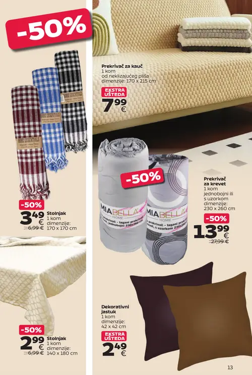 Tommy katalog — stranica 13: HOME ESSENTIALS Stolnjak, MIABELLA HOME Prekrivač za krevet, Prekrivač za kauč, Dekorativni jastuk (vrijedi 28. 09. 2026.–11. 10. 2026.)
