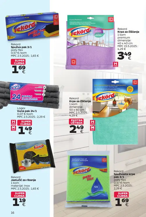 Tommy katalog — stranica 16: Rekord Spužva pak 3/1 polly flex, Rekord Krpa za čiščenje 1 kom premium, Logex Vuna pak 24/1, Rekord Krpa za čiščenje 1 kom (vrijedi 28. 09. 2026.–11. 10. 2026.)