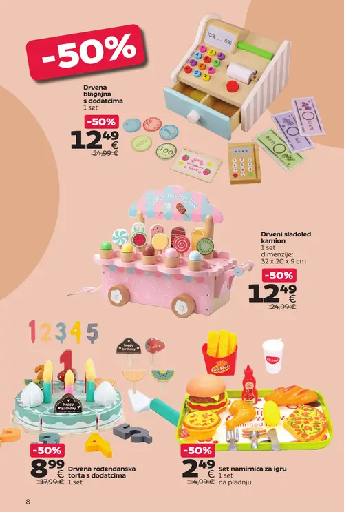 Tommy katalog — stranica 8: Set namirnica za igru, Drvena blagajna s dodatcima, Drveni sladoled kamion, Drvena rođendanska torta s dodatcima (vrijedi 28. 09. 2026.–11. 10. 2026.)