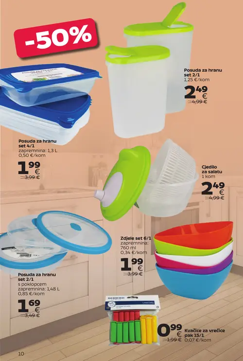 Tommy katalog — stranica 10: Posuda za hranu set 2/1 s poklopcem, GHIDINI Kvačice za vrećice, Zdjele set 6/1, Cjedilo za salatu (vrijedi 12.10.–01.11.2026.)