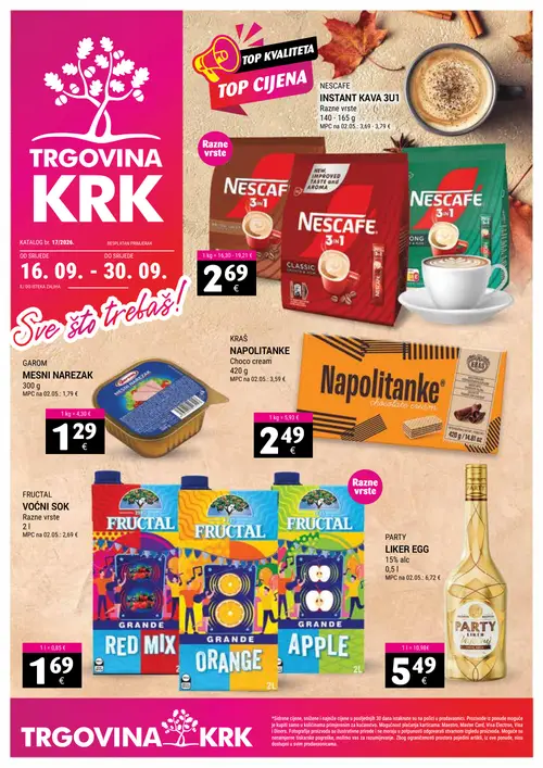 Trgovina-krk katalog — stranica 1: NESCAFE INSTANT KAVA 3U1, GAROM MESNI NAREZAK, KRAŠ NAPOLITANKE Choco cream, FRUCTAL VOĆNI SOK Razne vrste (vrijedi 16. 09. 2026.–30. 09. 2026.)