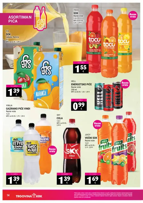Trgovina-krk katalog — stranica 14: FIS SOK Jabuka, Narnča, TOCO SOK, FIS SOK Jabuka, FIS SOK Naranča (vrijedi 16. 09. 2026.–30. 09. 2026.)