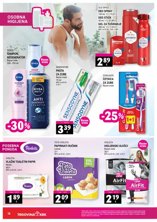 Trgovina-krk katalog — stranica 16: OLD SPICE DEO SPRAY, OLD SPICE DEO STICK, OLD SPICE GEL ZA TUŠIRANJE, NIVEA ŠAMPON, REGENERATOR (vrijedi 16. 09. 2026.–30. 09. 2026.)