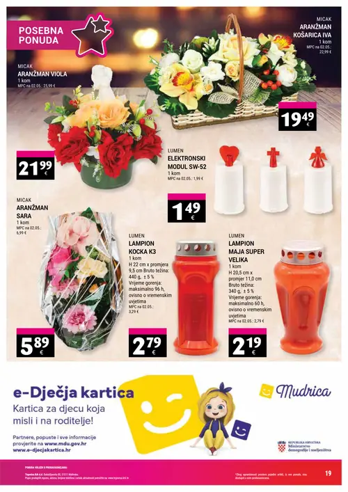 Trgovina-krk katalog — stranica 19: MICAK ARANŽMAN VIOLA, MICAK ARANŽMAN KOŠARICA IVA, MICAK ARANŽMAN SARA, LUMEN ELEKTRONSKI MODUL SW-52 (vrijedi 16. 09. 2026.–30. 09. 2026.)
