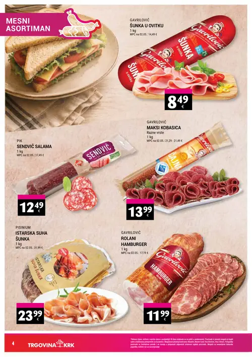 Trgovina-krk katalog — stranica 4: GAVRILOVIĆ ŠUNKA U OVITKU, PIK SENDVIČ SALAMA, GAVRILOVIĆ MAKSI KOBASICA, PISINIUM ISTARSKA SUHA ŠUNKA (vrijedi 16. 09. 2026.–30. 09. 2026.)