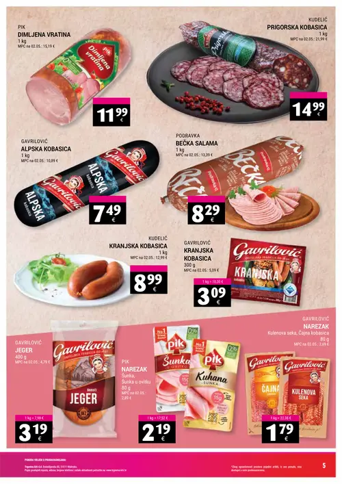 Trgovina-krk katalog — stranica 5: PIK DIMLJENA VRATINA, KUDELIĆ PRIGORSKA KOBASICA, GAVRILOVIĆ ALPSKA KOBASICA, PODRAVKA BEČKA SALAMA (vrijedi 16. 09. 2026.–30. 09. 2026.)