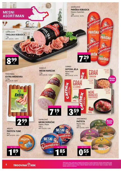 Trgovina-krk katalog — stranica 6: GAVRILOVIĆ Tirolska kobasica, GAVRILOVIĆ Pariska kobasica, PERUTNINA Extra hrenovka, KUDELIĆ Mesni narezak (vrijedi 16. 09. 2026.–30. 09. 2026.)