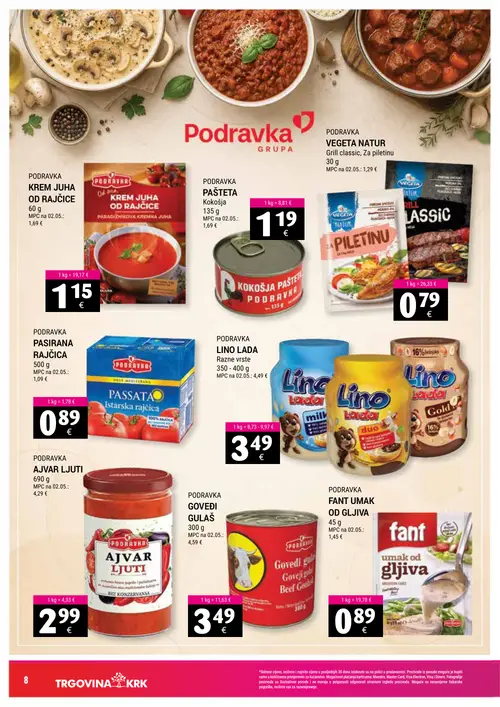 Trgovina-krk katalog — stranica 8: PODRAVKA KREM JUHA OD RAJČICE, PODRAVKA PAŠTETA KOKOŠJA, PODRAVKA VEGETA NATUR GRILL CLASSIC, ZA PILETINU, PODRAVKA PASIRANA RAJČICA (vrijedi 16. 09. 2026.–30. 09. 2026.)