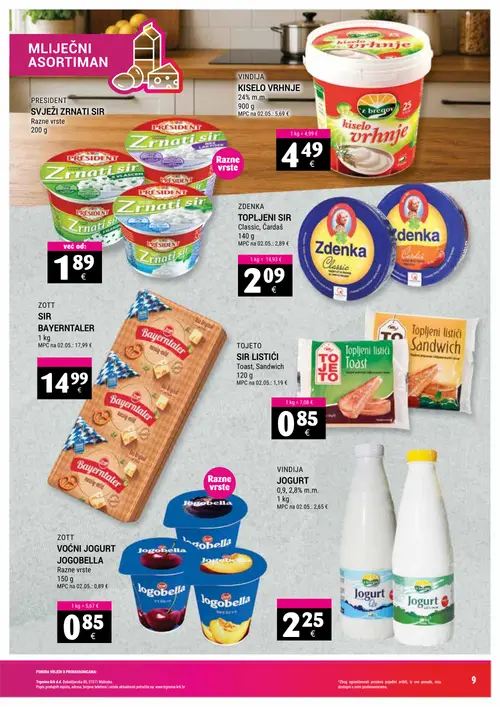Trgovina-krk katalog — stranica 9: VIND Kajmak, PRESIDENT Sir, ZDENKA Topljeni sir Classic, Čardaš, ZOTT Sir (vrijedi 16. 09. 2026.–30. 09. 2026.)