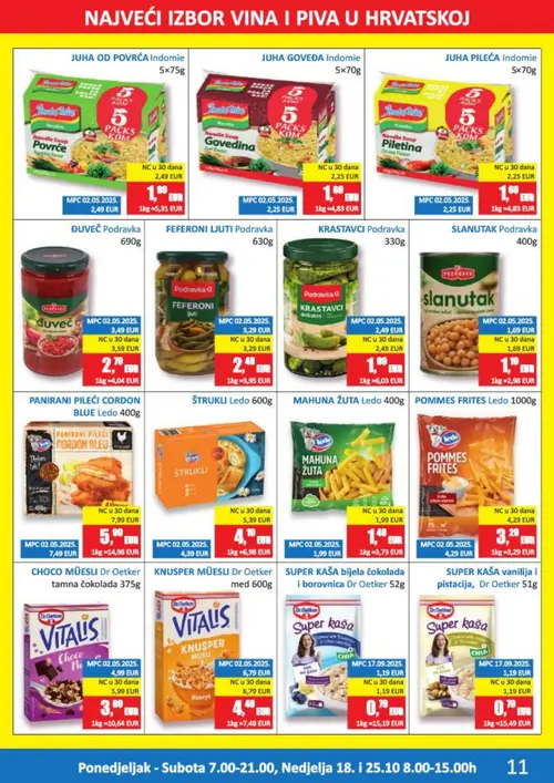 Vrutak katalog — stranica 11: Dr. Oetker KNUSPER MUESLI Dr Oetker med, Dr. Oetker SUPER KAŠA bijela čokolada i borovnica Dr Oetker, Dr. Oetker SUPER KAŠA vanilija i pistacija, Dr Oetker, Dr. Oetker CHOCO MUESLI Dr Oetker tamna čokolada (vrijedi 12.10.–25.10.2026.)