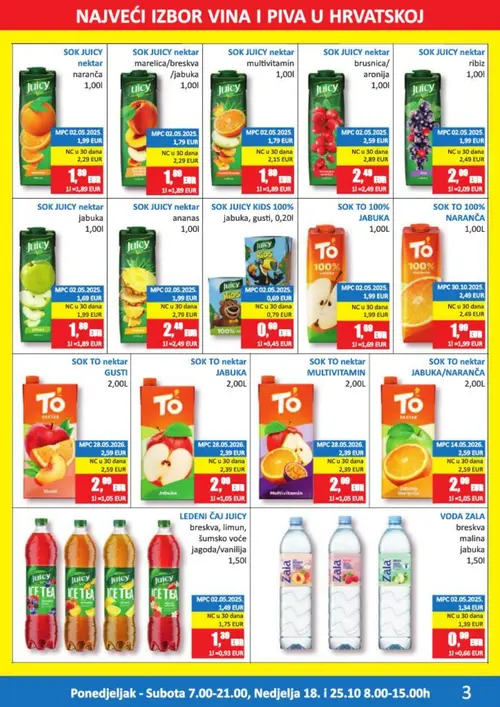 Vrutak katalog — stranica 3: Zala VODA ZALA breskva malina jabuka, To SOK TO 100% NARANČA, Juicy SOK JUICY nektar marelica/breskva /jabuka, Juicy LEDENI ČAJ JUICY breskva, limun, šumsko voće jagoda/vanilija (vrijedi 12.10.–25.10.2026.)