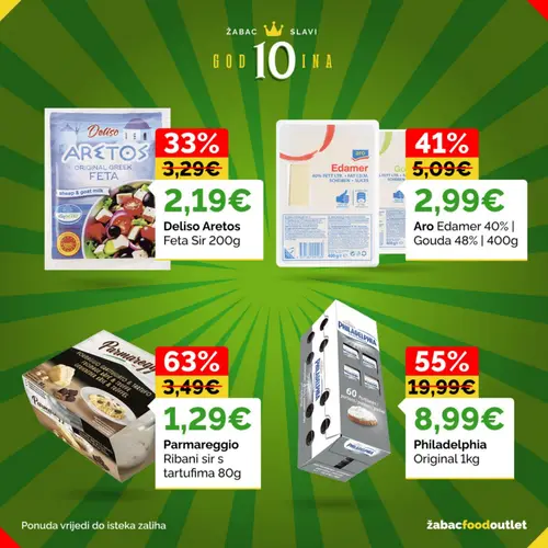 Žabac katalog — stranica 9: Parmareggio Parmareggio Ribani sir s tartufima 80g, Philadelphia Philadelphia Original 1kg, Aro Aro Edamer 40% | Gouda 48% | 400g, Deliso Deliso Aretos Feta Sir 200g (vrijedi 03. 08. 2026.–02. 09. 2026.)